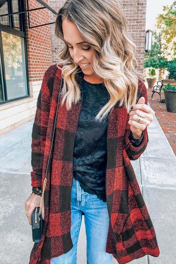 Red Plaid Shawl Neckline Flannel Cardigan