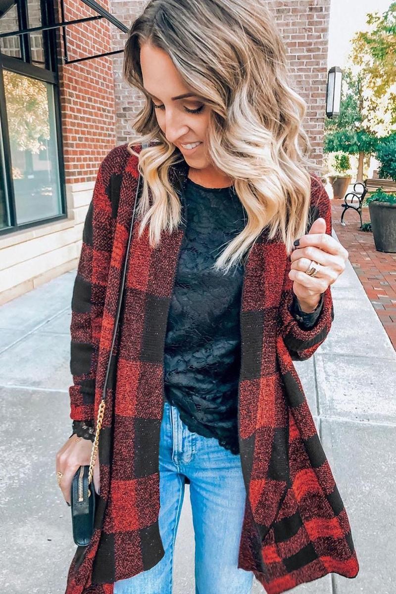 Red Plaid Shawl Neckline Flannel Cardigan