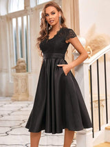 ever HARLEY|Romantic V-neck Lace Bodice Wedding Guest Dress with Pockets