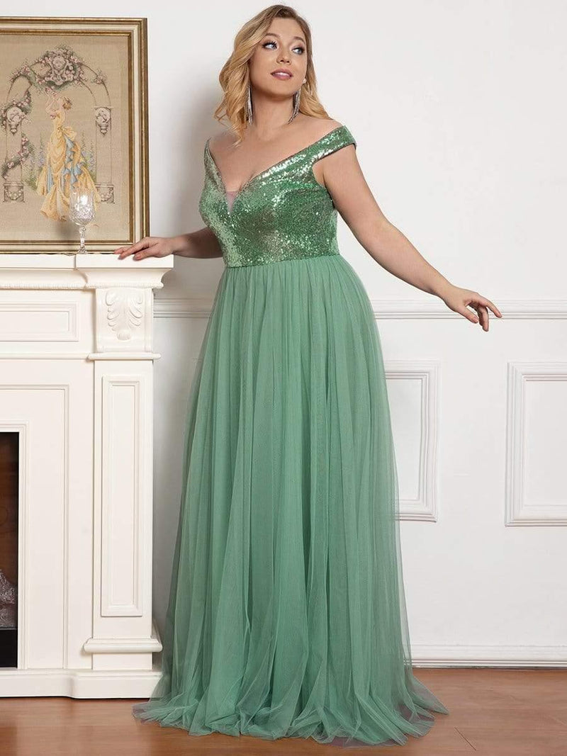 Shiny Sequin Bodice Off the Shoulder Maxi Tulle Evening Dress