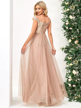 A-line Sequin Off the Shoulder Maxi Tulle Formal Evening Dress