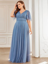 Plus Size V Neck Tulle Formal Evening Dress with Ruffle Sleeves