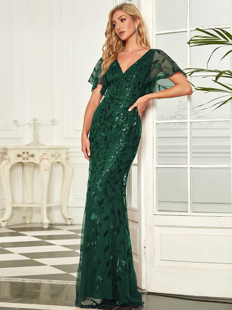 ever DIONE|Gorgeous V Neck Leaf-Sequined Fishtail Party Dress