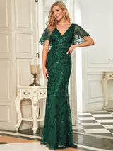 ever DIONE|Gorgeous V Neck Leaf-Sequined Fishtail Party Dress