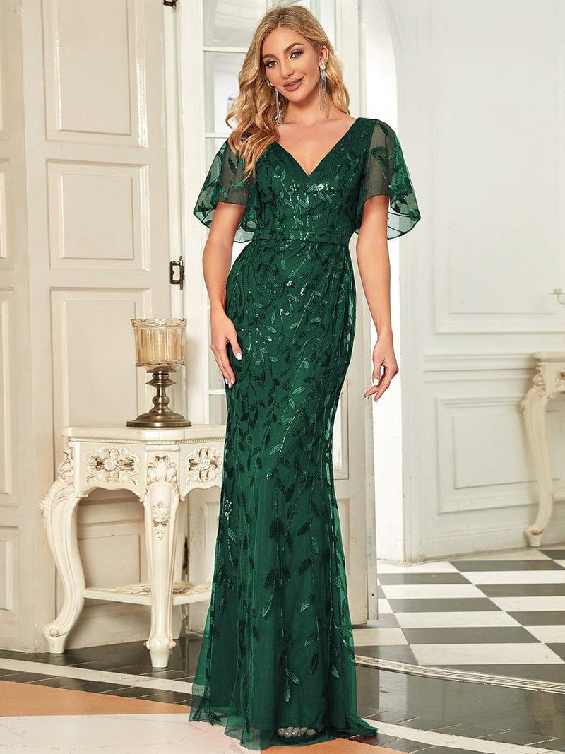 ever DIONE|Gorgeous V Neck Leaf-Sequined Fishtail Party Dress