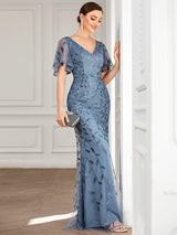 ever DIONE|Gorgeous V Neck Leaf-Sequined Fishtail Party Dress