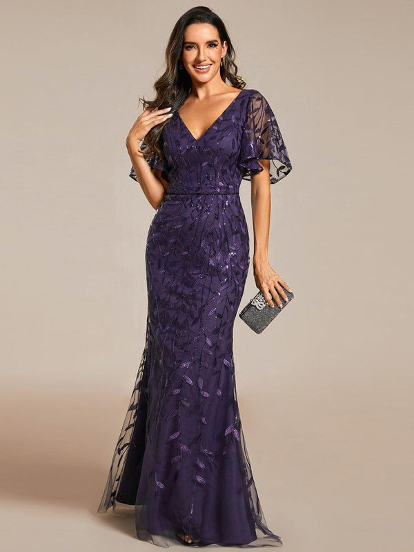 ever DIONE|Gorgeous V Neck Leaf-Sequined Fishtail Party Dress