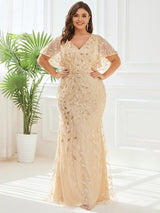 pretty DIONE|Fashion Plus Size V Neck Mermaid Sequin & Tulle Evening Dress
