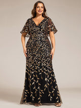 pretty DIONE|Fashion Plus Size V Neck Mermaid Sequin & Tulle Evening Dress