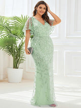 pretty DIONE|Fashion Plus Size V Neck Mermaid Sequin & Tulle Evening Dress