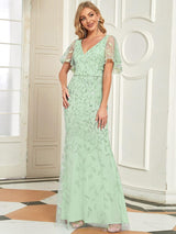 ever DIONE|Gorgeous V Neck Leaf-Sequined Fishtail Party Dress