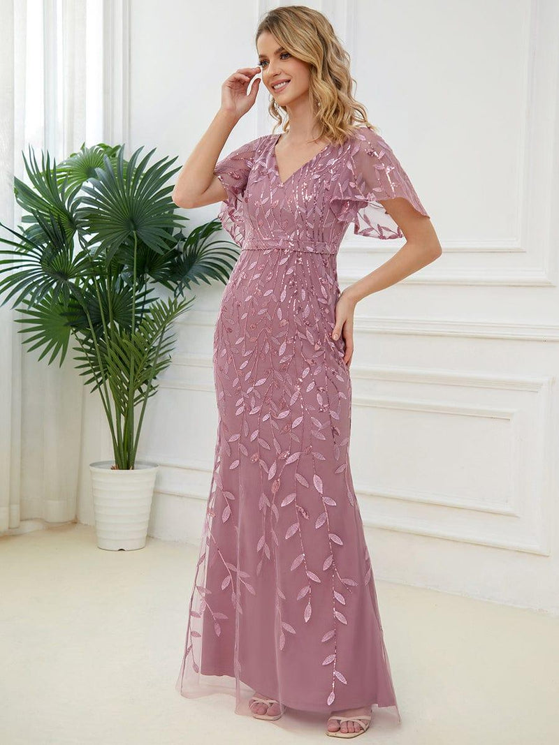 ever DIONE|Gorgeous V Neck Leaf-Sequined Fishtail Party Dress