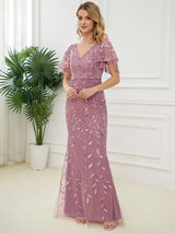 ever DIONE|Gorgeous V Neck Leaf-Sequined Fishtail Party Dress