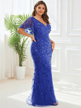 pretty DIONE|Fashion Plus Size V Neck Mermaid Sequin & Tulle Evening Dress