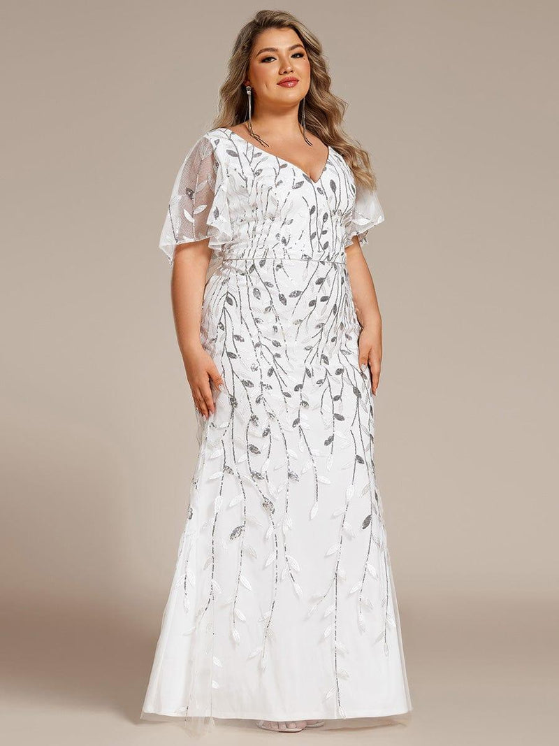 pretty DIONE|Fashion Plus Size V Neck Mermaid Sequin & Tulle Evening Dress