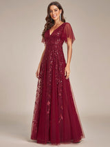 ever ASTRAL|Shimmery Ruffle Sleeves Maxi Sequin Evening Dress