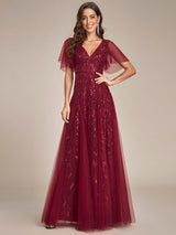 ever ASTRAL|Shimmery Ruffle Sleeves Maxi Sequin Evening Dress