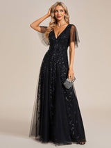 ever ASTRAL|Shimmery Ruffle Sleeves Maxi Sequin Evening Dress
