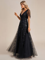 ever ASTRAL|Shimmery Ruffle Sleeves Maxi Sequin Evening Dress