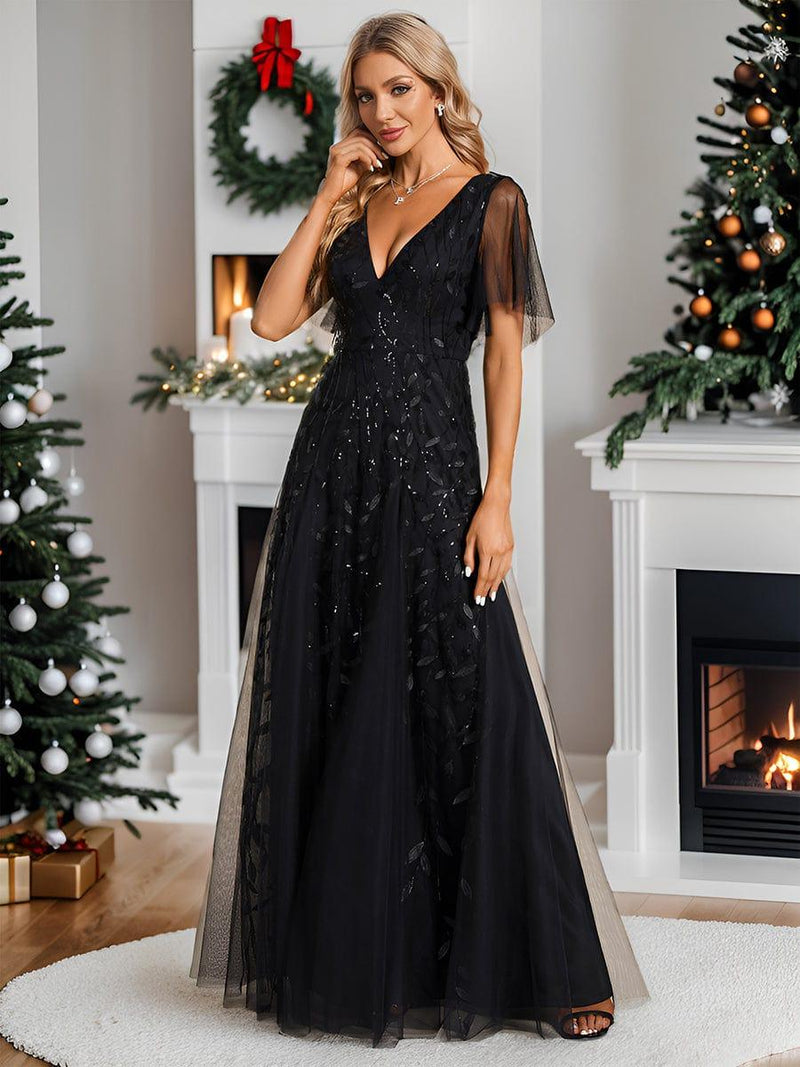 ever ASTRAL|Shimmery Ruffle Sleeves Maxi Sequin Evening Dress