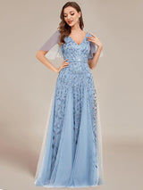 ever ASTRAL|Shimmery Ruffle Sleeves Maxi Sequin Evening Dress