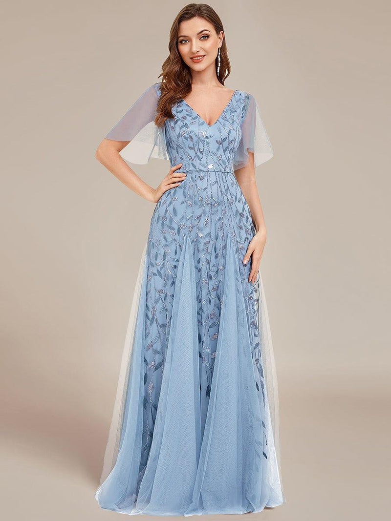 ever ASTRAL|Shimmery Ruffle Sleeves Maxi Sequin Evening Dress