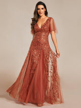 ever ASTRAL|Shimmery Ruffle Sleeves Maxi Sequin Evening Dress
