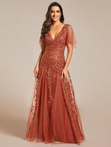 ever ASTRAL|Shimmery Ruffle Sleeves Maxi Sequin Evening Dress