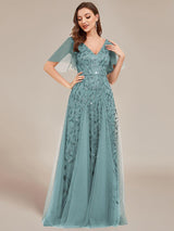 ever ASTRAL|Shimmery Ruffle Sleeves Maxi Sequin Evening Dress
