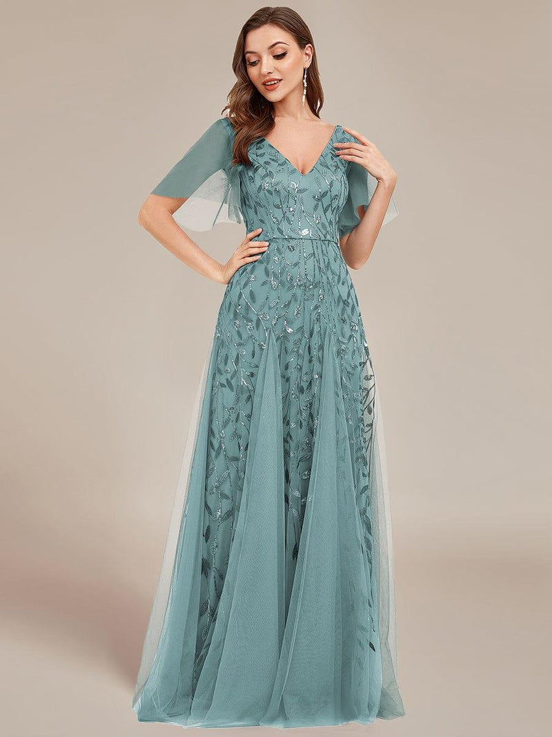 ever ASTRAL|Shimmery Ruffle Sleeves Maxi Sequin Evening Dress