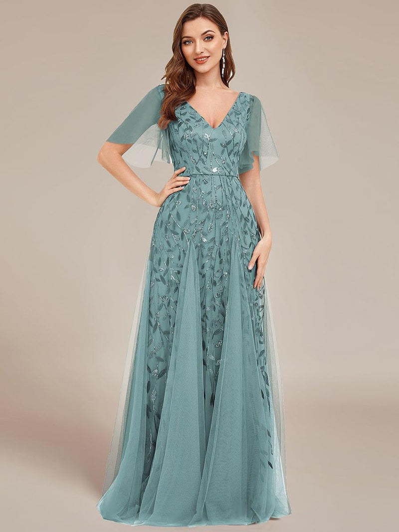 ever ASTRAL|Shimmery Ruffle Sleeves Maxi Sequin Evening Dress