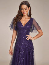 ever ASTRAL|Shimmery Ruffle Sleeves Maxi Sequin Evening Dress