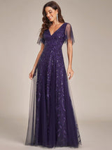 ever ASTRAL|Shimmery Ruffle Sleeves Maxi Sequin Evening Dress