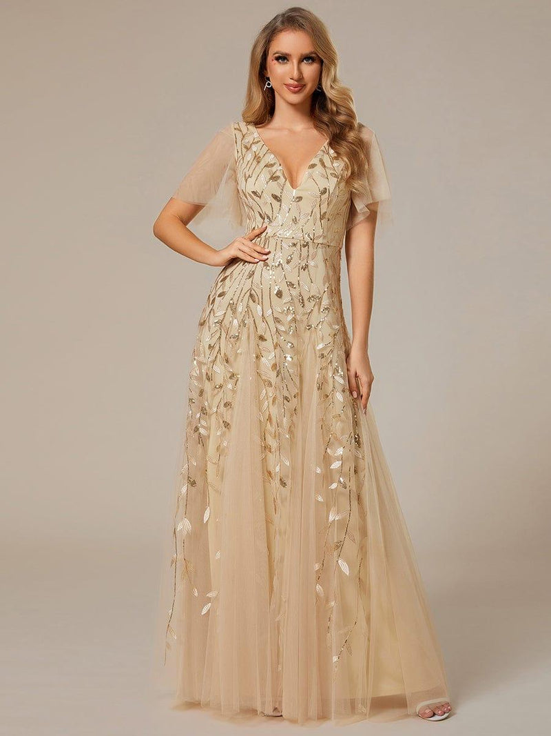 ever ASTRAL|Shimmery Ruffle Sleeves Maxi Sequin Evening Dress