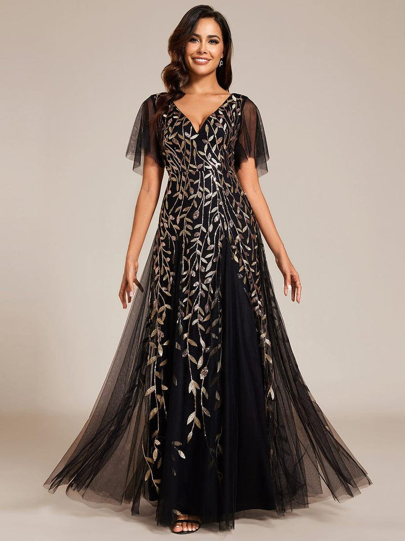 ever ASTRAL|Shimmery Ruffle Sleeves Maxi Sequin Evening Dress