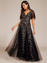 ever ASTRAL|Shimmery Ruffle Sleeves Maxi Sequin Evening Dress