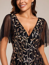 ever ASTRAL|Shimmery Ruffle Sleeves Maxi Sequin Evening Dress