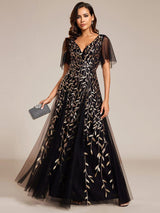 ever ASTRAL|Shimmery Ruffle Sleeves Maxi Sequin Evening Dress