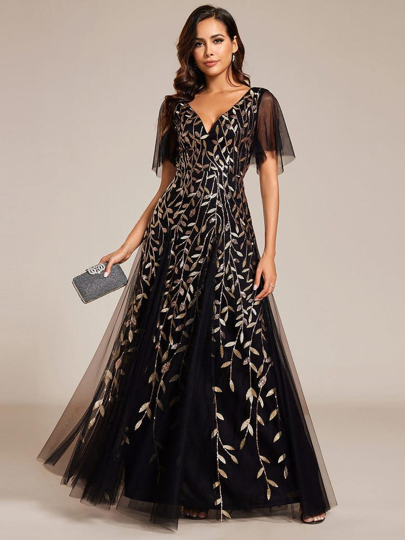 ever ASTRAL|Shimmery Ruffle Sleeves Maxi Sequin Evening Dress