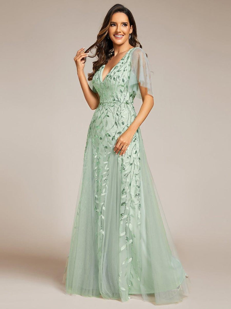 ever ASTRAL|Shimmery Ruffle Sleeves Maxi Sequin Evening Dress