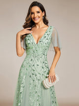 ever ASTRAL|Shimmery Ruffle Sleeves Maxi Sequin Evening Dress