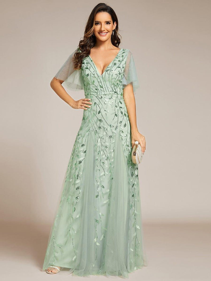 ever ASTRAL|Shimmery Ruffle Sleeves Maxi Sequin Evening Dress