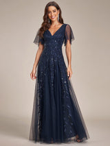 ever ASTRAL|Shimmery Ruffle Sleeves Maxi Sequin Evening Dress