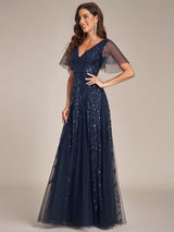 ever ASTRAL|Shimmery Ruffle Sleeves Maxi Sequin Evening Dress