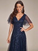 ever ASTRAL|Shimmery Ruffle Sleeves Maxi Sequin Evening Dress