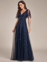 ever ASTRAL|Shimmery Ruffle Sleeves Maxi Sequin Evening Dress