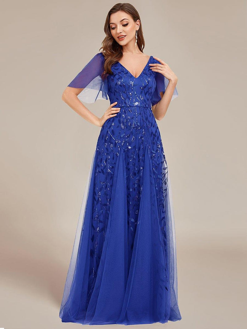 ever ASTRAL|Shimmery Ruffle Sleeves Maxi Sequin Evening Dress