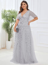 ever ASTRAL|Shimmery Ruffle Sleeves Maxi Sequin Evening Dress