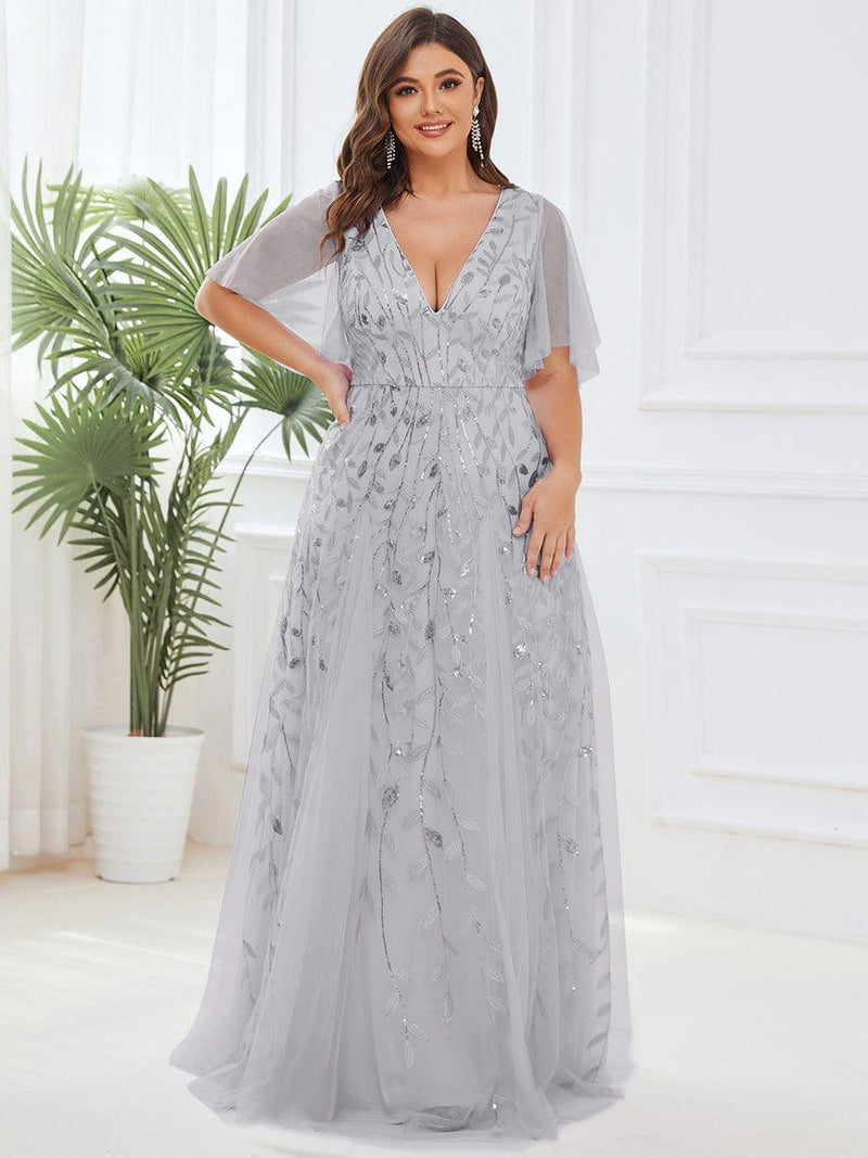 ever ASTRAL|Shimmery Ruffle Sleeves Maxi Sequin Evening Dress