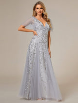ever ASTRAL|Shimmery Ruffle Sleeves Maxi Sequin Evening Dress